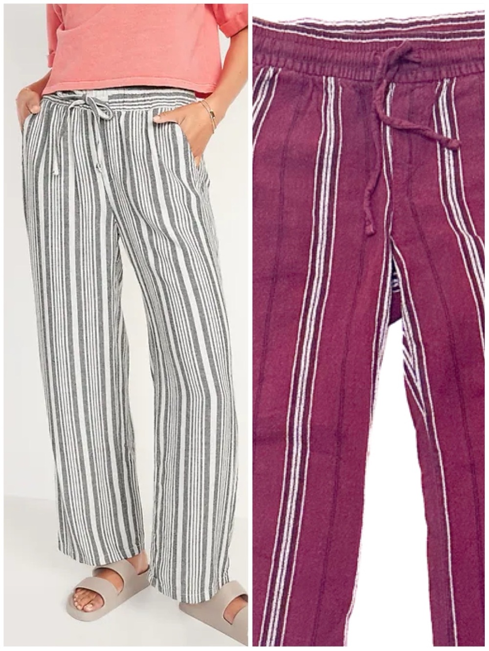 Old Navy Linen Blend Burgundy Striped Wide Leg Drawstring Cropped Pants
